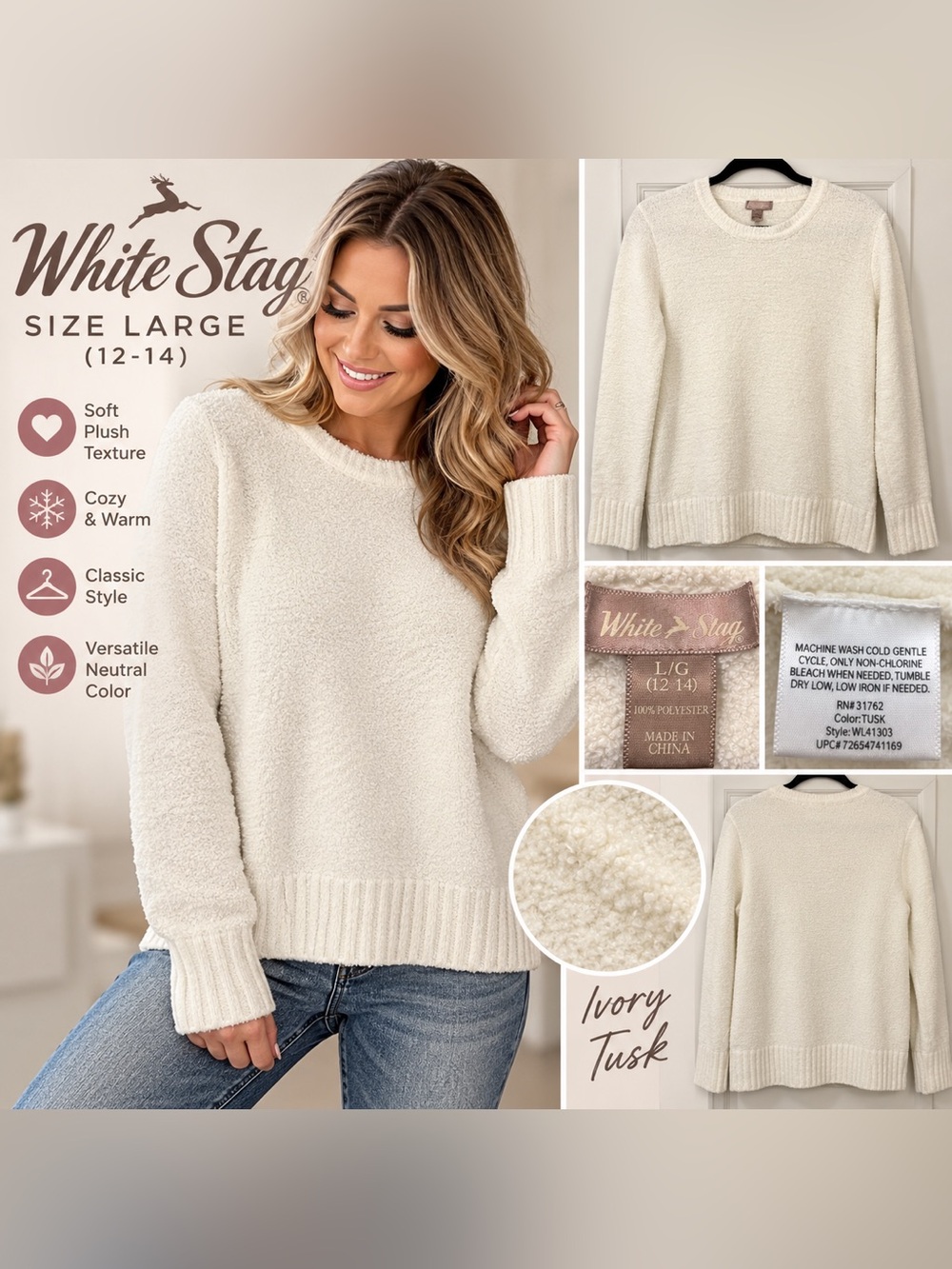 White Stag Ivory Plush Cozy Crewneck Sweater Women’s Large 12-14